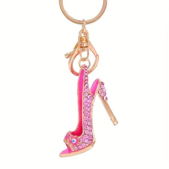 Mini High-Heeled Slingback Shoe Keyring, Bag Charm Rhinestone Decor Metal - Picture 1 of 3